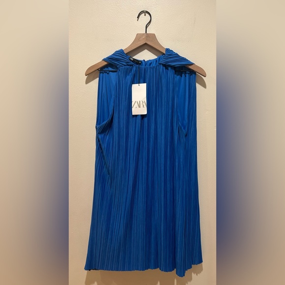 NWT Zara Blueberry Blue Pleated Sleeveless Mini Cape Dress - Women’s Size Small - Picture 1 of 8
